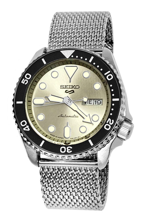 Seiko 5 Sports Automatic SRPE75 Champagne Day Date Silver Steel Bracelet Watch New