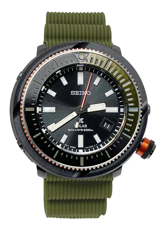 Seiko Prospex SNE547 Solar Diver Black Date Dial Green Silicone Band Watch New