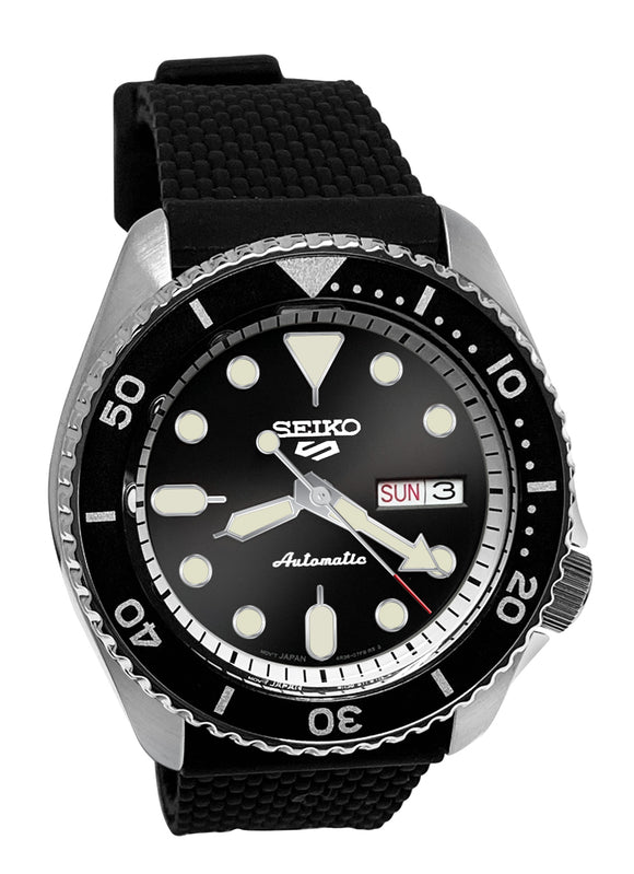 Seiko 5 Sports Automatic SRPD95 Black Sunray Day Date Dial Silicone Band Watch New