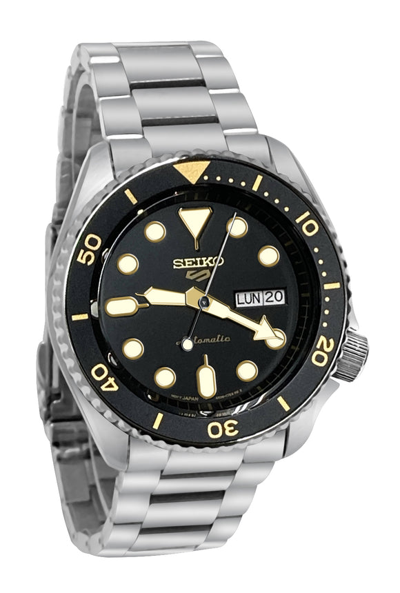 Seiko 5 Sports Automatic SRPD57 Black Day Date Dial Silver Steel Bracelet Watch