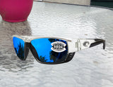 Costa Del Mar Tuna Alley Crystal Frame Blue Mirror 580G Glass Polarized Lens