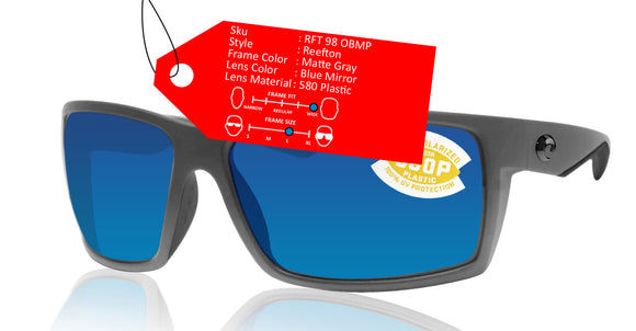 Costa Del Mar Reefton Matte Gray Frame Blue Mirror 580P Plastic Polarized Lens