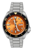 Seiko 5 Sports Automatic SRPD59 Orange Day Date Dial Silver Steel Bracelet Watch
