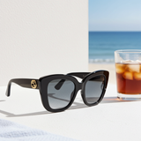 Gucci GG0327S-001 cat eye women sunglasses Shiny Black Grey lens