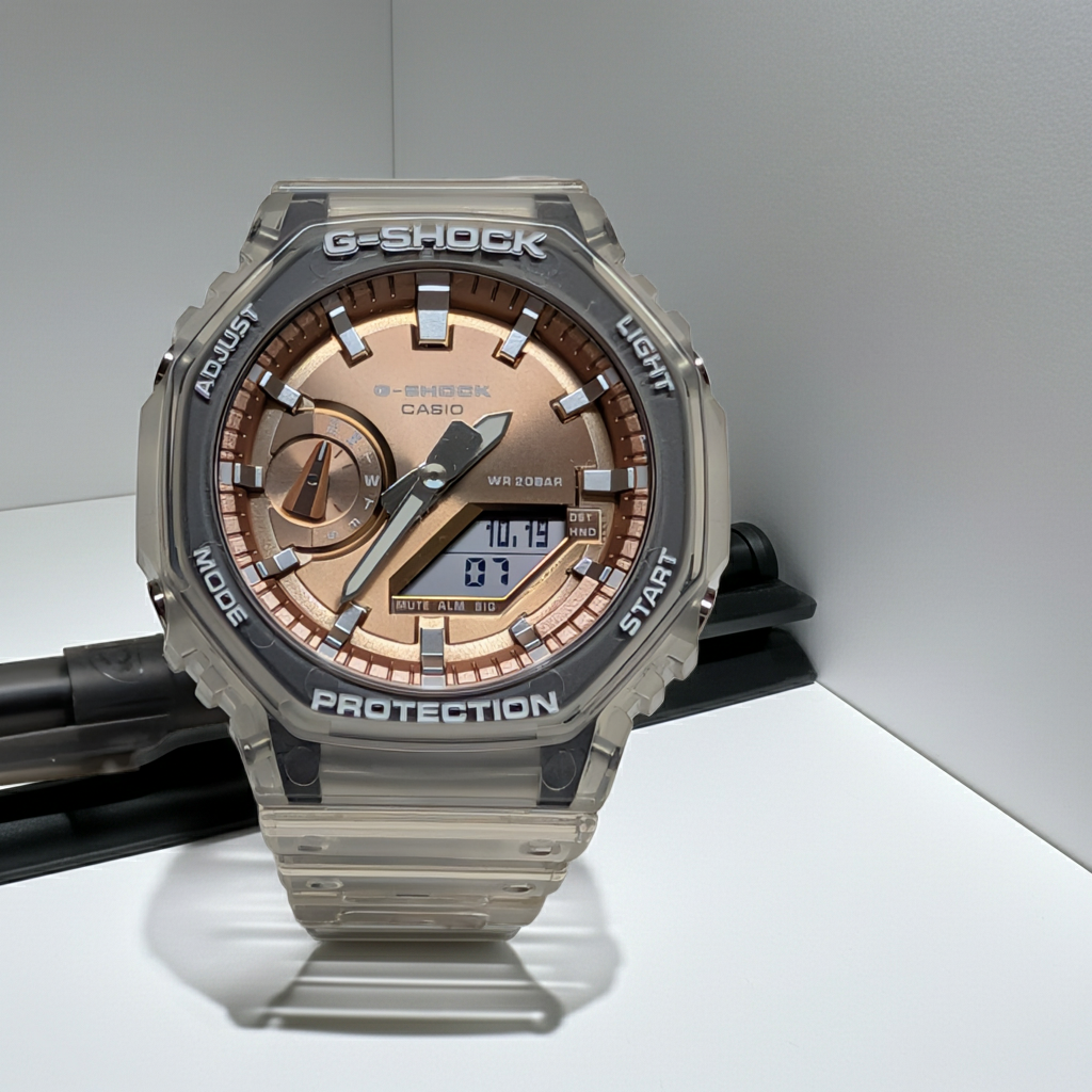 Casio GA2100BM-7A5 rose gold dial clear band Analog Digital G shock wa ...