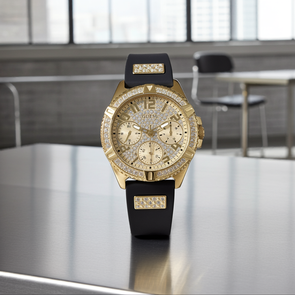 GUESS Womens watch W1160L1 Black Gold Tone Multi-function CRYSTALS