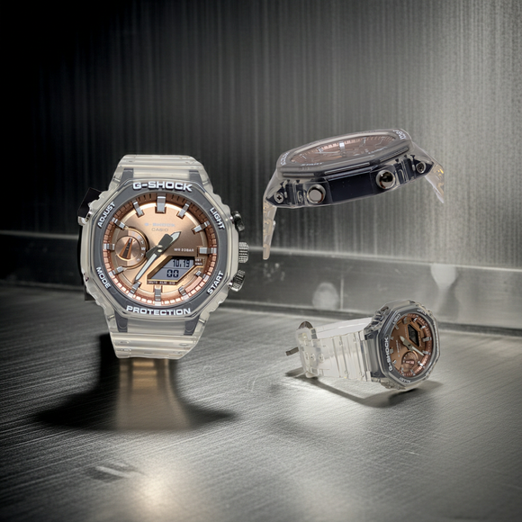 Casio GA2100BM-7A5 rose gold dial clear band Analog Digital G shock watch