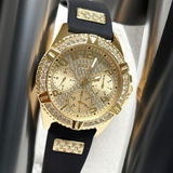GUESS Womens watch W1160L1 Black Gold Tone Multi-function CRYSTALS