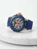 Guess Contender Men's Watch 46mm Blue Dial Gold Tone Silicone Strap GW0640G3