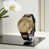 GUESS Womens watch W1160L1 Black Gold Tone Multi-function CRYSTALS