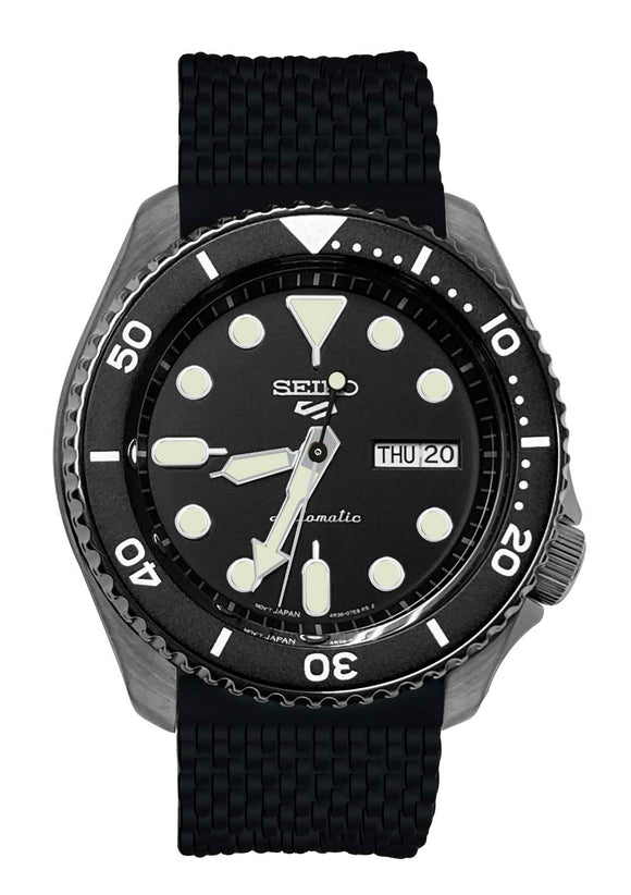 Seiko 5 SRPE23 Sports Automatic watch Black Day Date Dial Silicone Band NEW