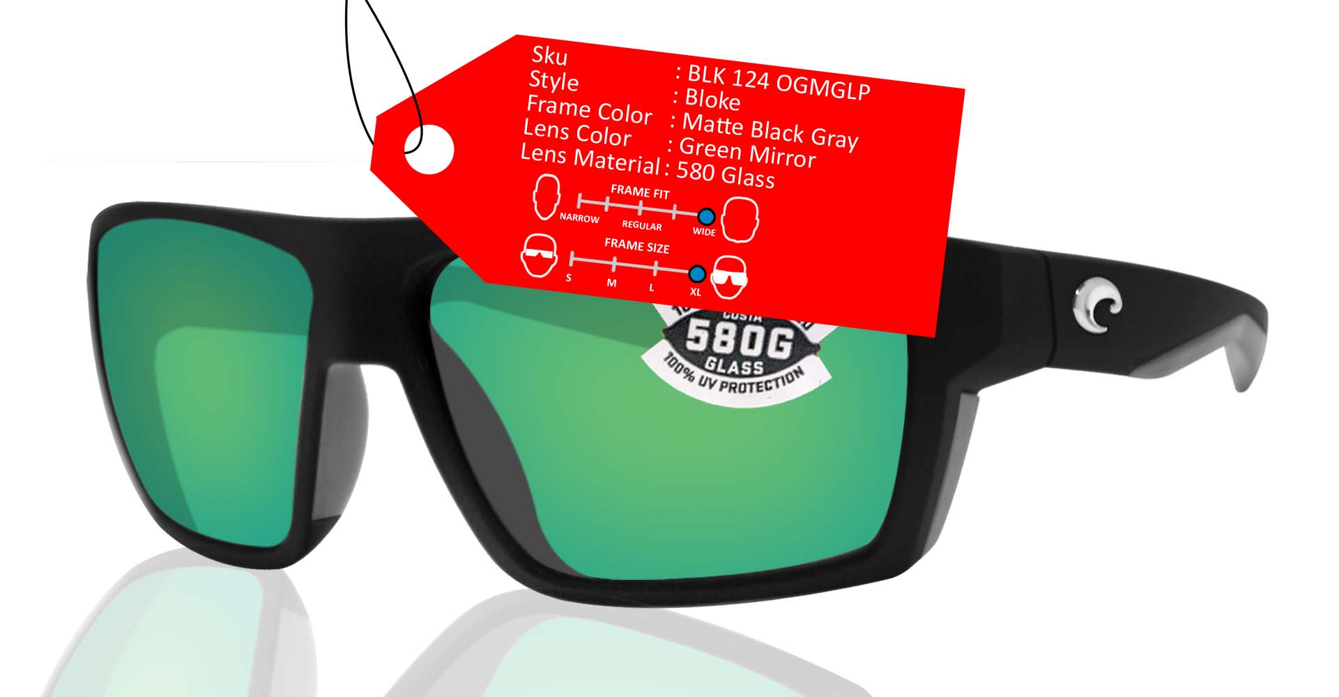 Costa Del Mar Bloke Matte Black Gray Frame Green 580G Polarized Glass sasy420