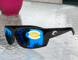 Costa Del Mar Cat Cay Shiny Black Frame Blue Mirror 580P Plastic Polarized Lens