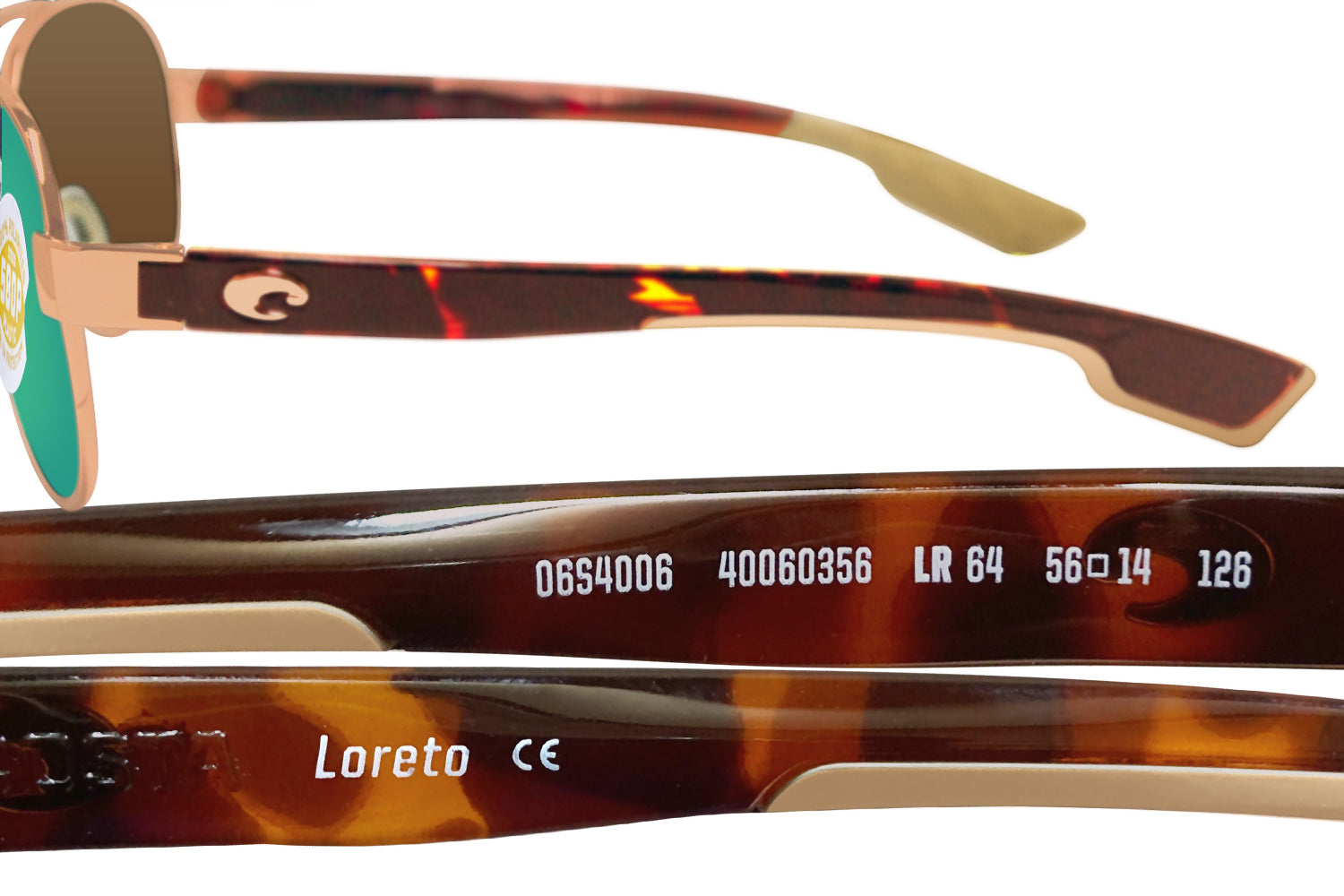 Costa Del Mar Loreto Rose Gold Tortoise Green Mirror 580 Plastic