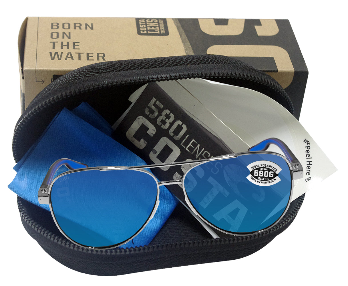 Costa Del Mar Peli Shiny Silver Frame Blue Mirror 580 Glass