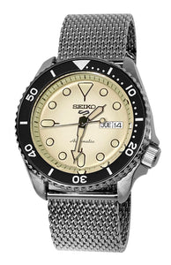 Seiko 5 Sports Automatic SRPD67 Cream Day Date Dial Silver Steel Bracelet Watch