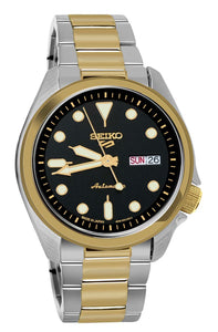 Seiko 5 Sports Automatic Black Day Date Dial Gold Silver Bracelet SRPE60