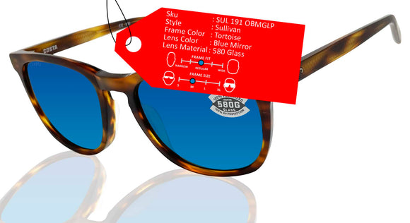 Costa Del Mar Sullivan Matte Tortoise Blue Mirror 580 Glass Polarized Lens Sunglasses