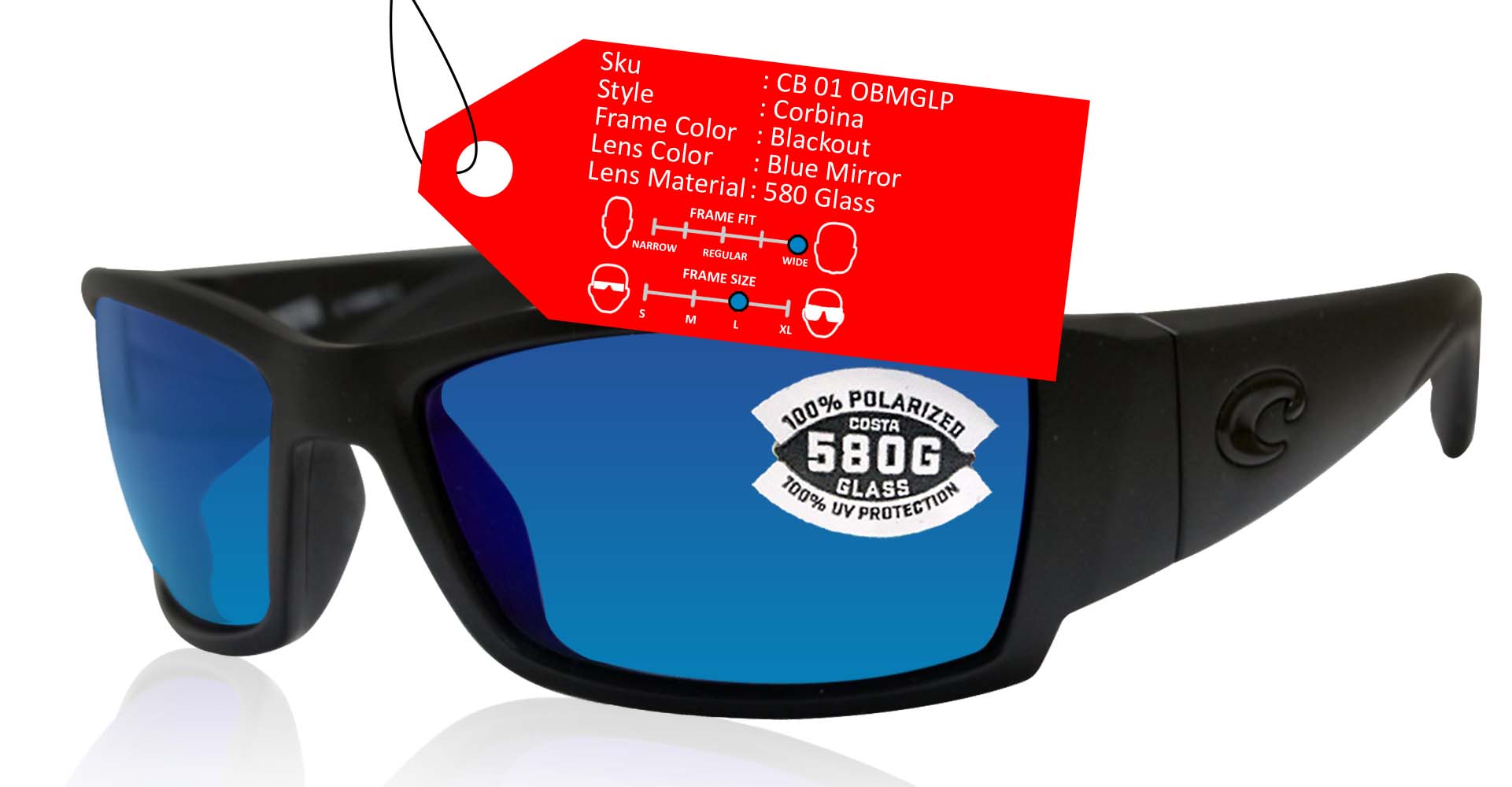 Costa Del Mar Corbina Blackout Blue Mirror 580G Sunglasses